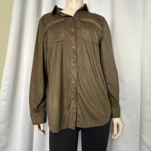 Chicos Buttons Down Blouse Olive Green Faux Suede  Long Sleeves Size 2 (L 12-14) - Picture 1 of 7